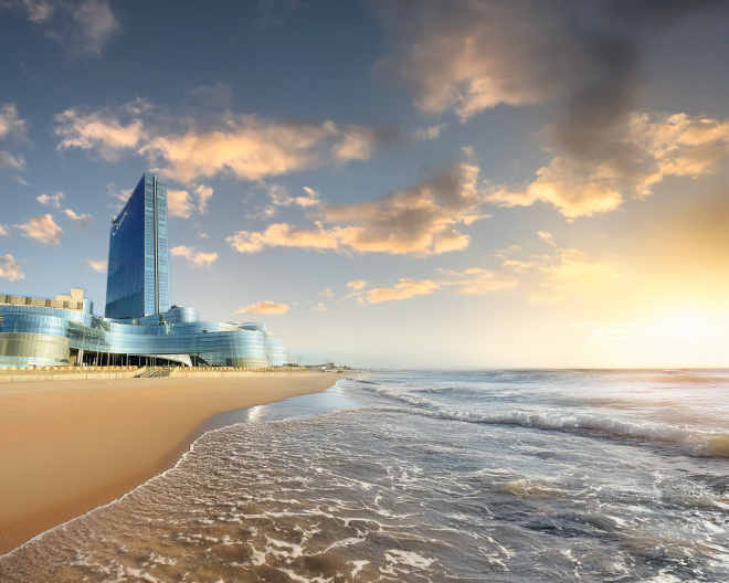 Ocean Casino Resort on Atlantic City beach at sunrise with oceanfront skyline views